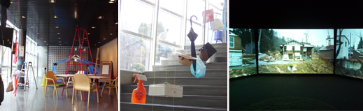 center: Installation by Toru Oyamada left: A scene from the exhibition, graveyards outside the temple can be seen from windows on the left of the picture right: A video presentation by remo