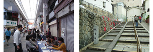 ＜中央＞小山田徹によるインスタレーション＜左＞展示風景。左の窓からはお墓が見える＜右＞remoによる映像上映